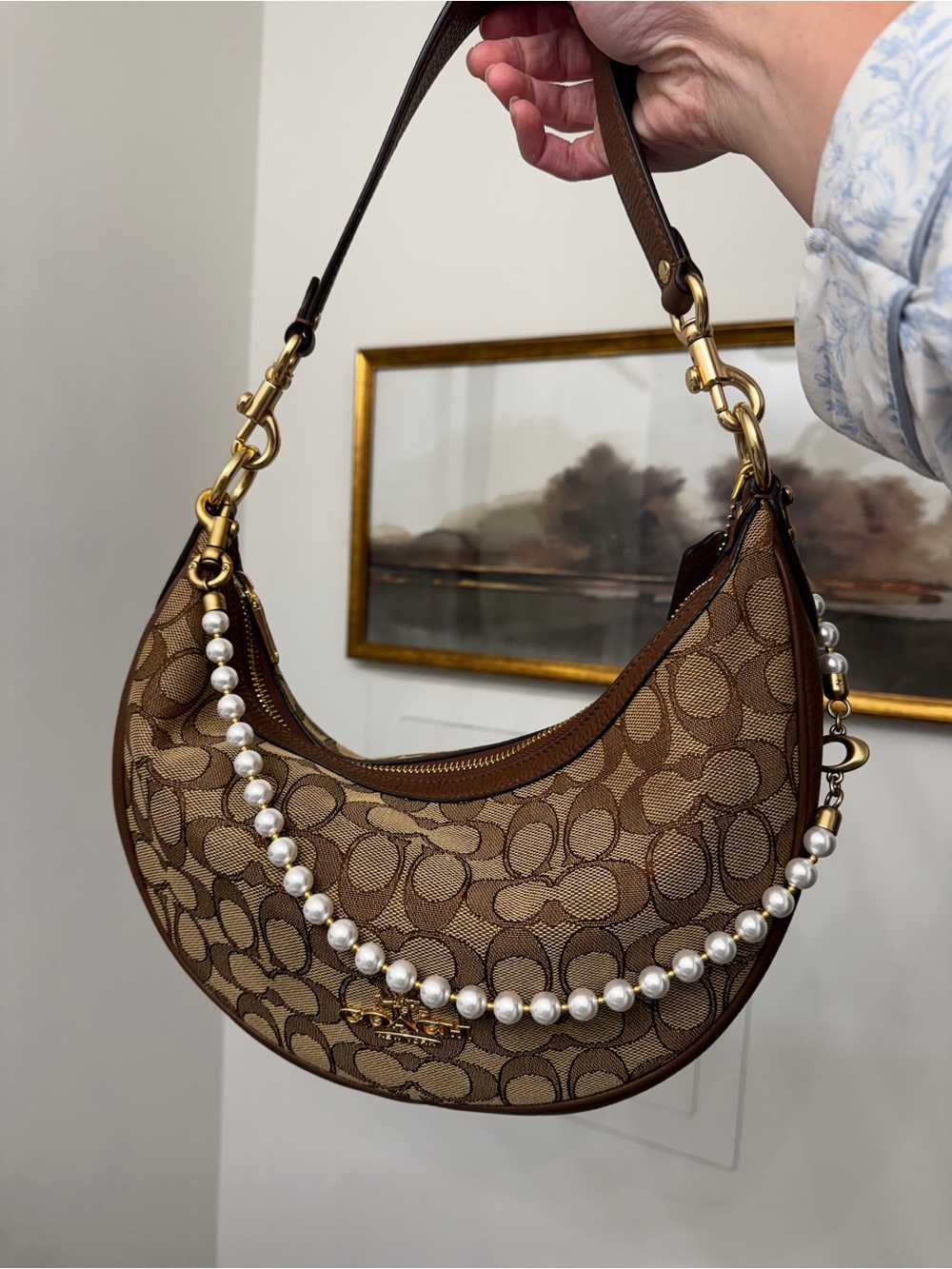 Coach Brown aria shoulder bag in signature jacquard